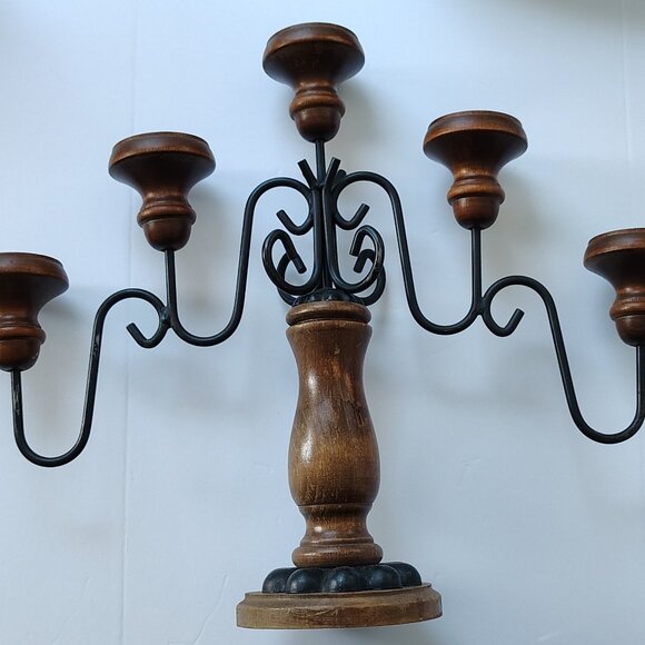 Boho Chic Candleabra Brown Wood 5 Candleholder Black Metal Casual - Picture 1 of 16